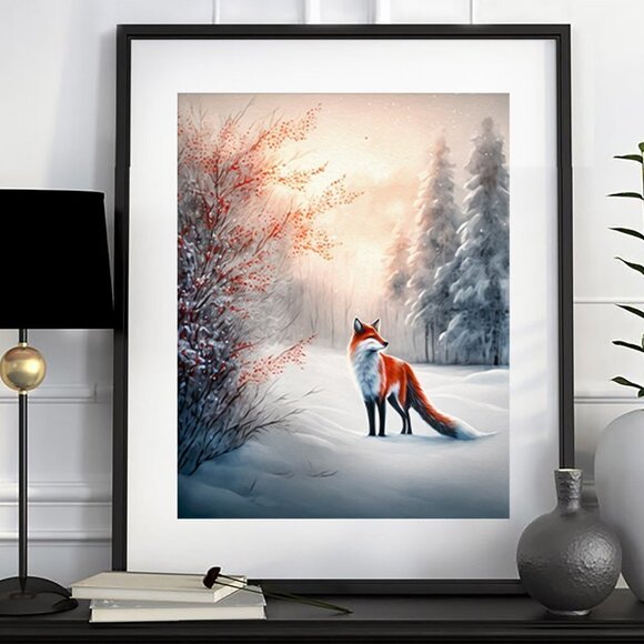 8x8 Or 8x10 Majestic Fox Winter Landscape Watercolor Oil‎ Painting Art Print - Picture 3 of 7